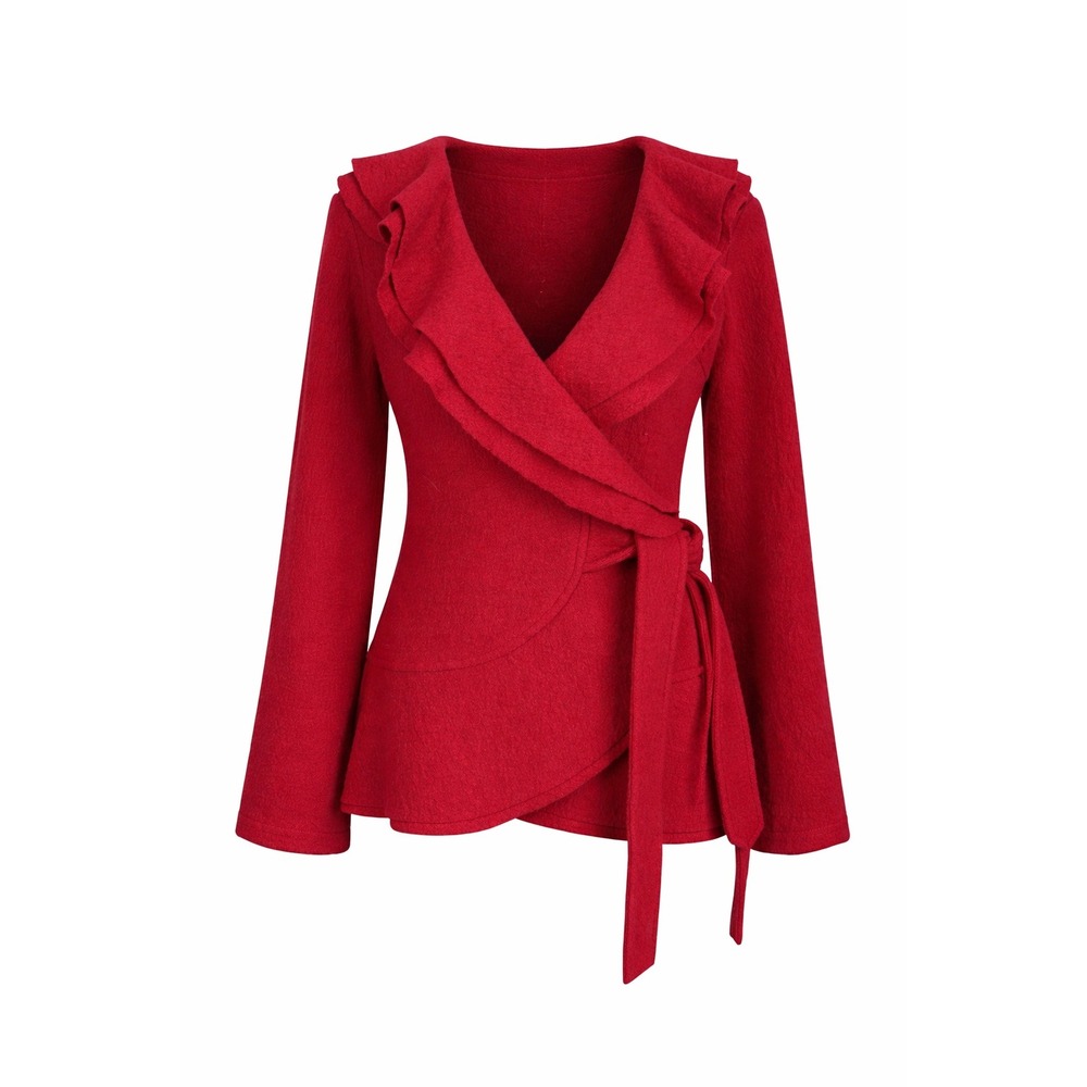 Vtg Marisa Christina Wool Wrap Cardigan Womens S Red Ruffle Collar Hem Dopamine